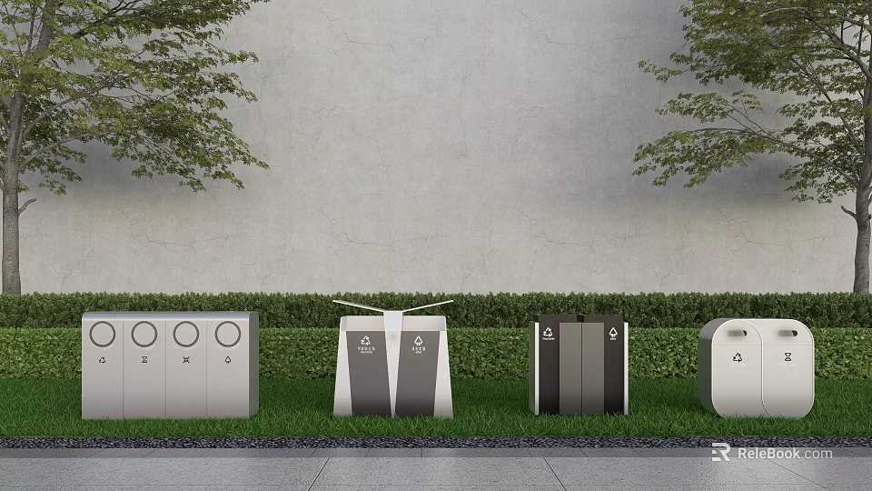Modern Outdoor Trash Bins With Grass Trees And Concrete Wall Design 3d model 
