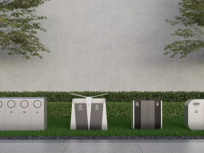 Modern Outdoor Trash Bins With Grass Trees And Concrete Wall Design 3d model