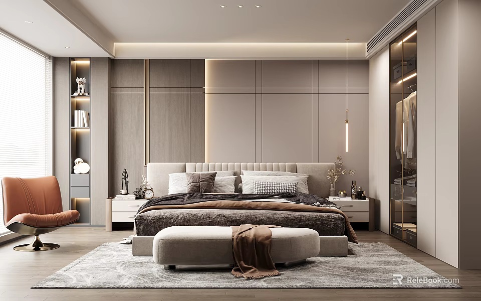Modern Bedroom Interior With Bedside Tables Large Bed Ottoman Rug And Pendant Lights 3d model 