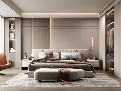 Modern Bedroom Interior With Bedside Tables Large Bed Ottoman Rug And Pendant Lights 3d model
