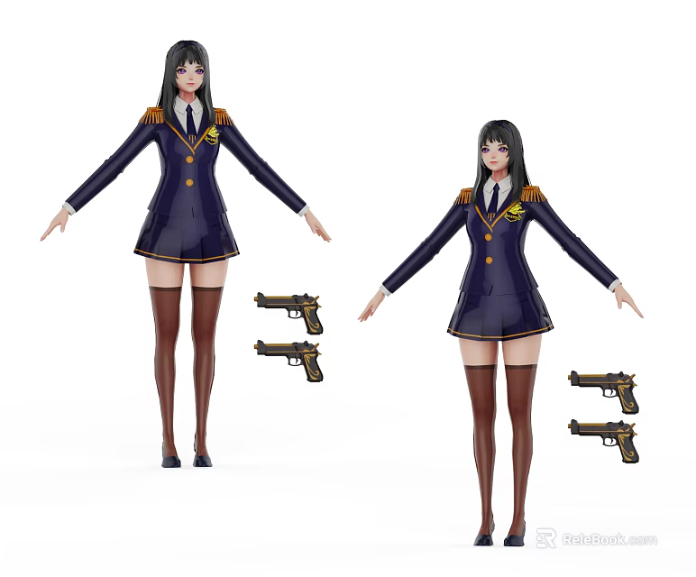 Game And Movie Female Character In Dark Blue Uniform With Gold Badges Stockings And Handguns 3d model 