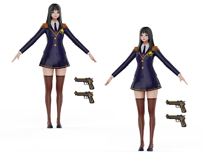 Game And Movie Female Character In Dark Blue Uniform With Gold Badges Stockings And Handguns 3d model