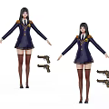 Game And Movie Female Character In Dark Blue Uniform With Gold Badges Stockings And Handguns