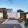 Modern Courtyard Garden Landscape With Water Features Stone Lanterns And Greenery Design
