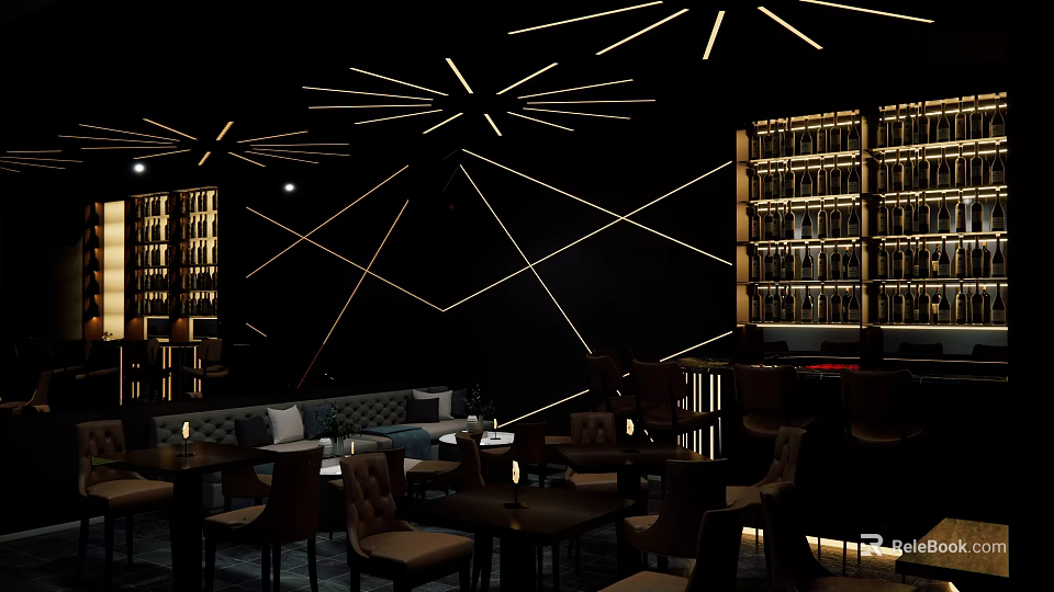 Modern Bar Interior With Geometric Lighting Bookshelf Walls And Comfortable Seating 3d model 