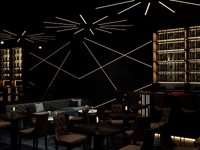 Modern Bar Interior With Geometric Lighting Bookshelf Walls And Comfortable Seating 3d model