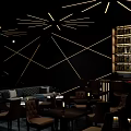 Modern Bar Interior With Geometric Lighting Bookshelf Walls And Comfortable Seating