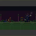 Pixel Art Game Scene With Characters On Green Platform And Purple Background