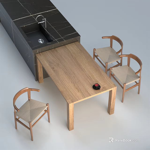 Wooden Dining Table Set With Four Upholstered Chairs And Tabletop Decor 3d model