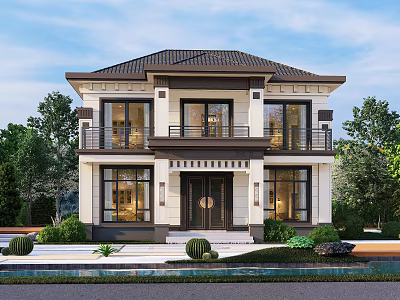 Two Story Detached Villa Exterior Design With Sloped Roof Light Walls And Greenery 3d model