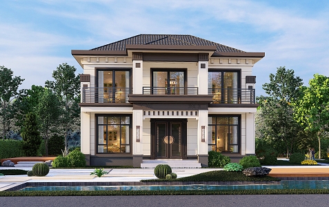 New Chinese Style Single-family Villa Two-storey Single-family Villa Architectural Appearance 3d model