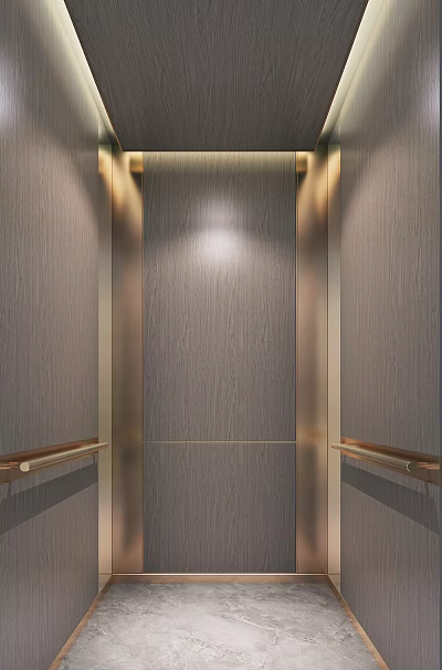 Elegant Modern Elevator Interior With Wooden Panels Gold Accents And Lighting 3d model