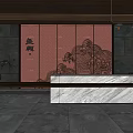 Hotel Lobby Interior Featuring Wooden Ceiling Red Accent Wall Carved Details And Marble Reception Desk
