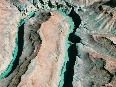 Aerial View Of Rocky Terrain With Winding Turquoise River And Colorful Canyon Landscape 3d model