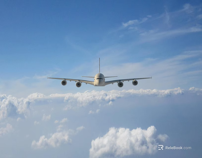 Large Passenger Airplane Flying Over Fluffy White Clouds in Clear Blue Sky 3d model 