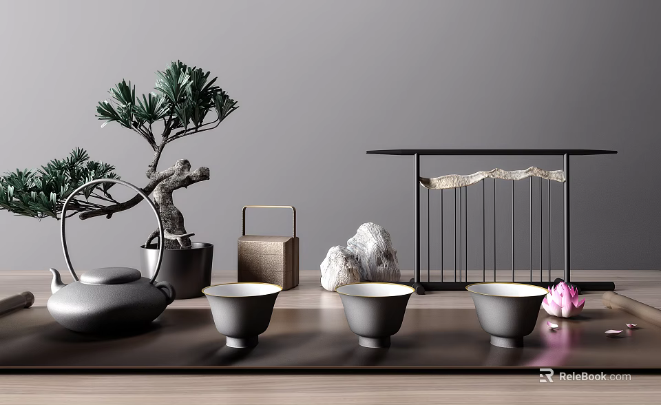 Zen Style Black Tea Set with Teapot Cups on Wooden Table Bonsai Pine Stones 3d model 