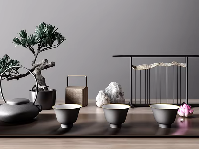 Zen Style Black Tea Set with Teapot Cups on Wooden Table Bonsai Pine Stones 3d model