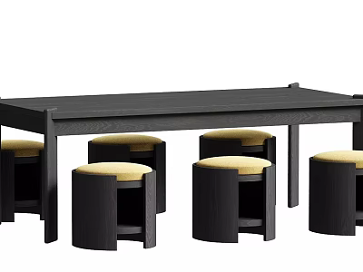 Modern Black Wooden Dining Table Set With Yellow Cushioned Stools For Home 3d model