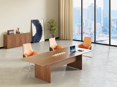 Wooden Conference Table With Three Orange Chairs Laptop And City View Through Large Windows 3d model