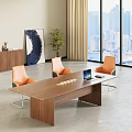 Wooden Conference Table With Three Orange Chairs Laptop And City View Through Large Windows