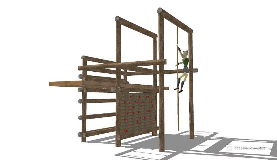 Wooden Climbing Play Equipment With Training Frame And Red Rock Wall 3d model 