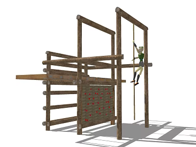 Wooden Climbing Play Equipment With Training Frame And Red Rock Wall 3d model
