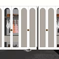 Elegant Modern White Wardrobe With Arched Glass Doors Golden Knobs And Clothes Inside
