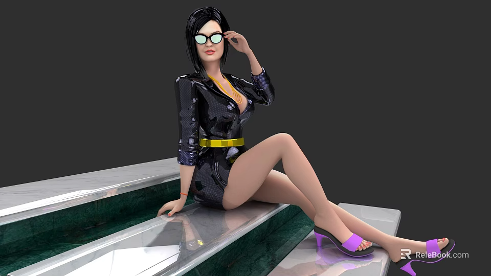 Game Character In Black Shiny Dress With Yellow Belt Purple Heels Sitting On Steps 3d model 