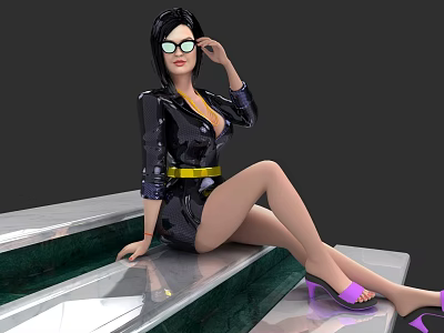 Game Character In Black Shiny Dress With Yellow Belt Purple Heels Sitting On Steps 3d model