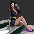 Game Character In Black Shiny Dress With Yellow Belt Purple Heels Sitting On Steps