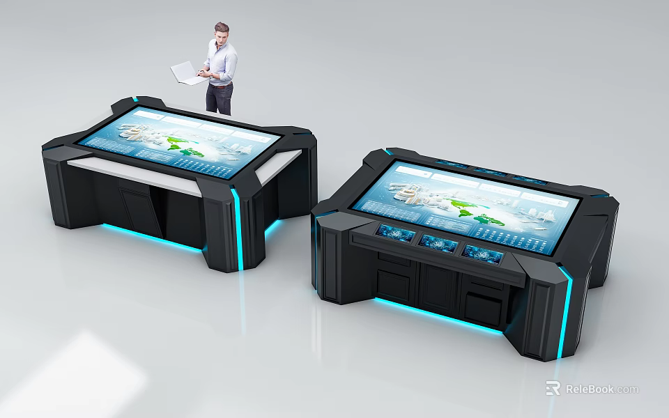 Smart Interactive Machines Featuring Display Screens Map Interface Black Design And Blue Lighting 3d model 