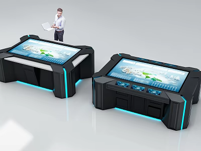 Smart Interactive Machines Featuring Display Screens Map Interface Black Design And Blue Lighting 3d model