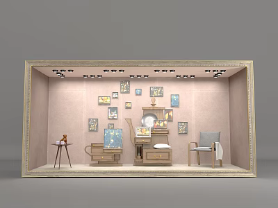 Elegant Window Display With Pink Background Decorative Paintings Dressing Table Small Table And Chair Lighting 3d model