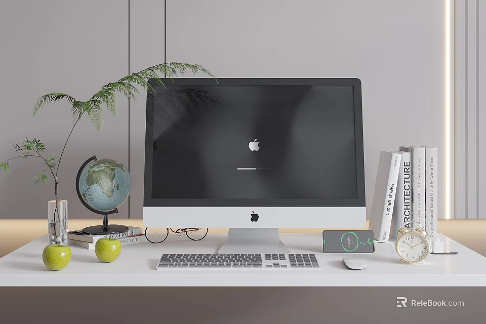 Modern iMac Computer Desktop Setup With Green Plant Globe Books And Apples 3d model 