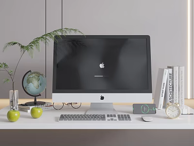 Modern iMac Computer Desktop Setup With Green Plant Globe Books And Apples 3d model