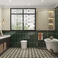 Stylish Bathroom Interior With Green Tiles Geometric Floor Pattern Bathtub Toilet And Double Sinks