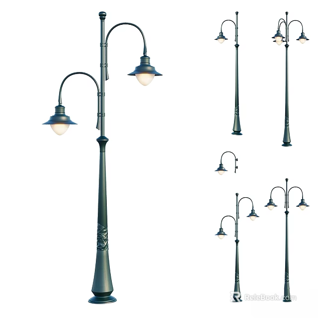 Outdoor Lights With Various Designs Including Curved Lamp Arms Straight Poles And Glass Shades 3d model 