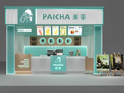 PAICHA Dessert Shop Interior With Teal Display Shelves Menu Posters And Cashier Counter 3d model