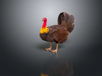 Flying Turkey With Red Head Yellow Red Neck Brown Feathers Fanned Tail on Gray Background 3d model