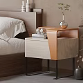 Modern Wooden Nightstand With Orange Accent Black Metal Legs And Vase With Plant Books