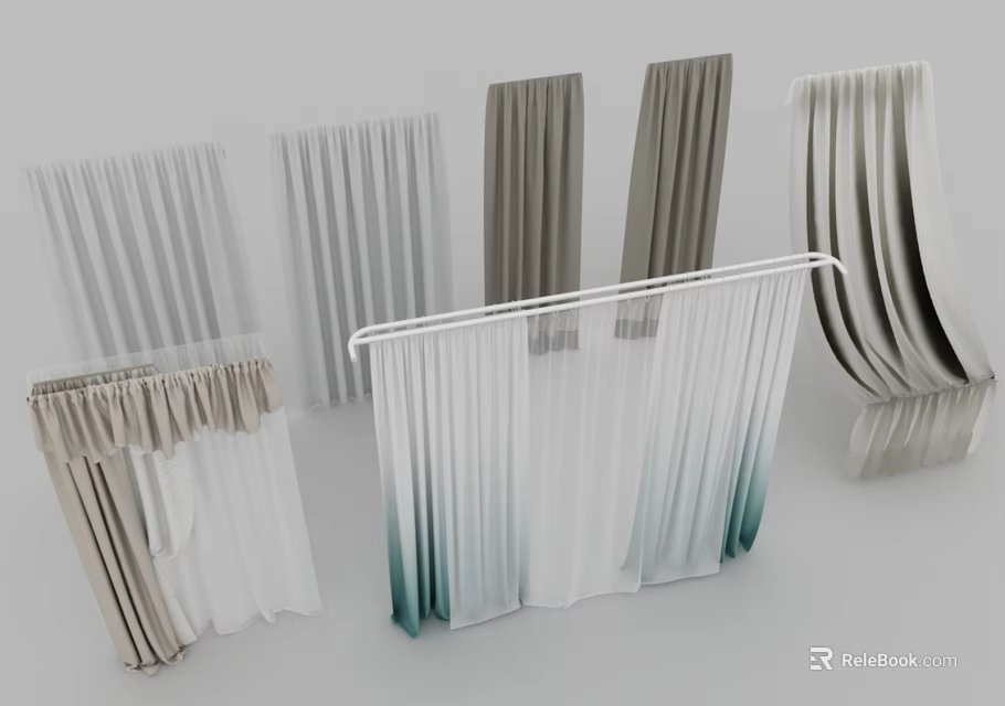 Modern Stylish Curtains With Pleated Sheer Gradient And Textured Panel Designs 3d model 
