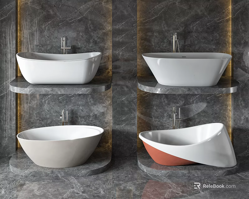 Sleek Modern Freestanding Bathtub On Stone Platform With White Orange Tones And Gray Marble Wall 3d model 