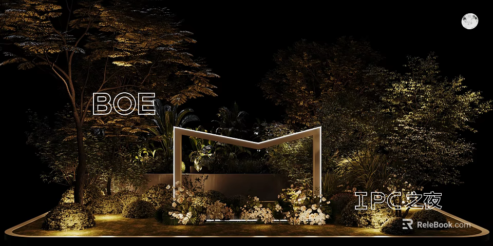 Elegant Outdoor Garden Decoration With Night Lighting Green Plants Flowers And Geometric Frame 3d model 