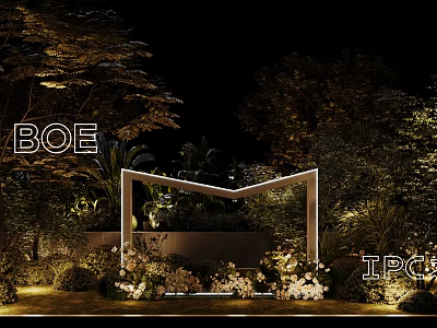 Elegant Outdoor Garden Decoration With Night Lighting Green Plants Flowers And Geometric Frame 3d model