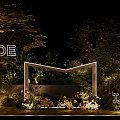 Elegant Outdoor Garden Decoration With Night Lighting Green Plants Flowers And Geometric Frame