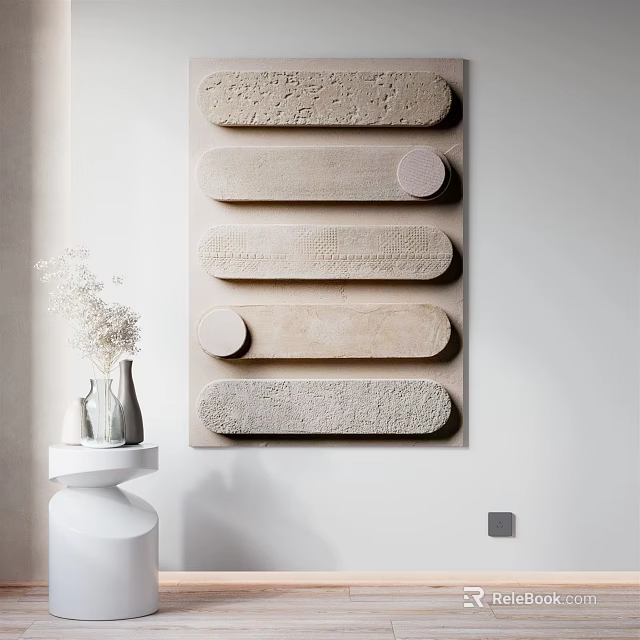 Decorative Stone Panel Wall Art With Textured Rectangles And White Vases 3d model