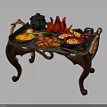 Assorted Chinese Food On Traditional Carved Wooden Tray With Hotpot Noodles Vegetables And Red Decor