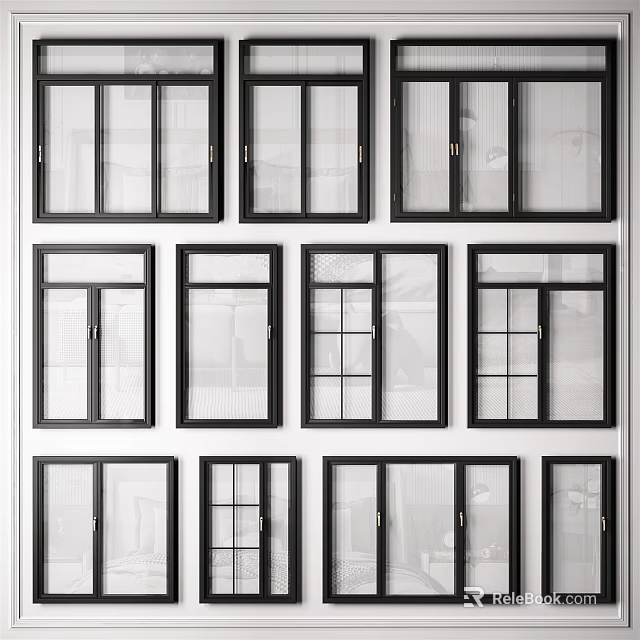 Various Style Windows With Black Frames Display On White Background 3d model