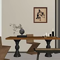 Modern Wooden Desk Setup With Stylish Chair And Decorative Wall Art