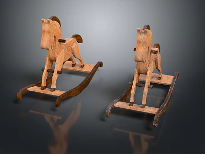 Two Wooden Building Blocks Rocking Horses With Brown Body And Wooden Rocking Base 3d model